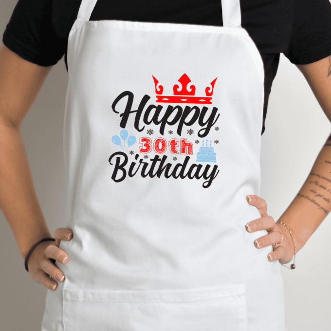 Balta prijuostė su spauda „Happy 30th Birthday“