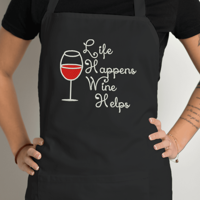 Siuvinėta prijuostė „Wine Helps“ - Image 2