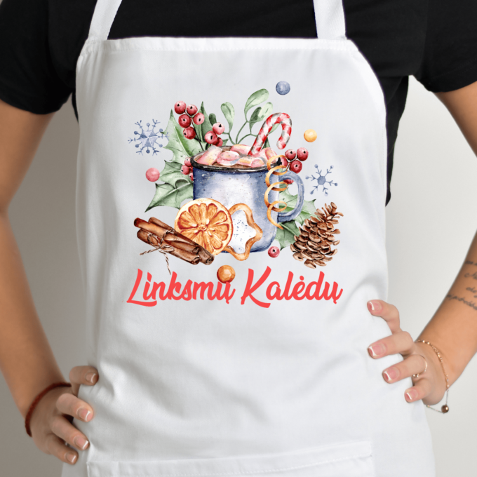 Balta prijuostė su spauda „Linksmų Kalėdų“