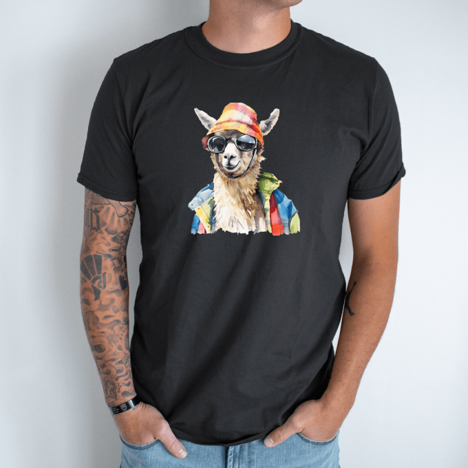 Unisex marškinėliai su spauda „Alpaka hipsteris“ - Image 5