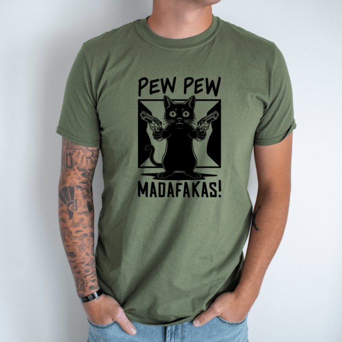 Unisex marškinėliai su spauda „Pew pew katinėlis“ - Image 4