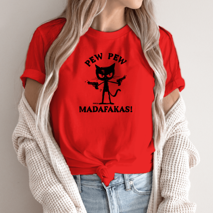 Unisex marškinėliai su spauda „Pew Pew katinas“ - Image 11