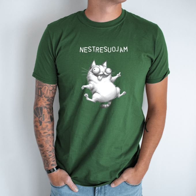 Unisex marškinėliai su spauda „Pakvaišęs katinas“ - Image 3