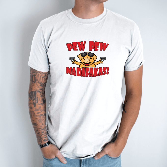 Unisex marškinėliai su spauda „Pew Pew paršelis“