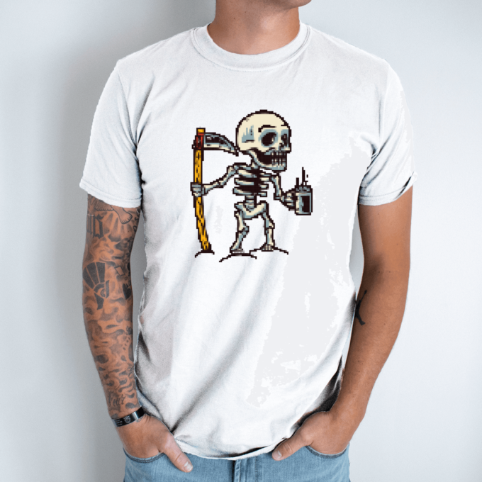 Unisex marškinėliai su spauda „Pikselinis skeletas“