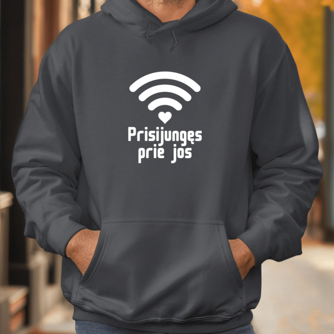 Unisex džemperis su spauda „Prisijungęs prie jos“