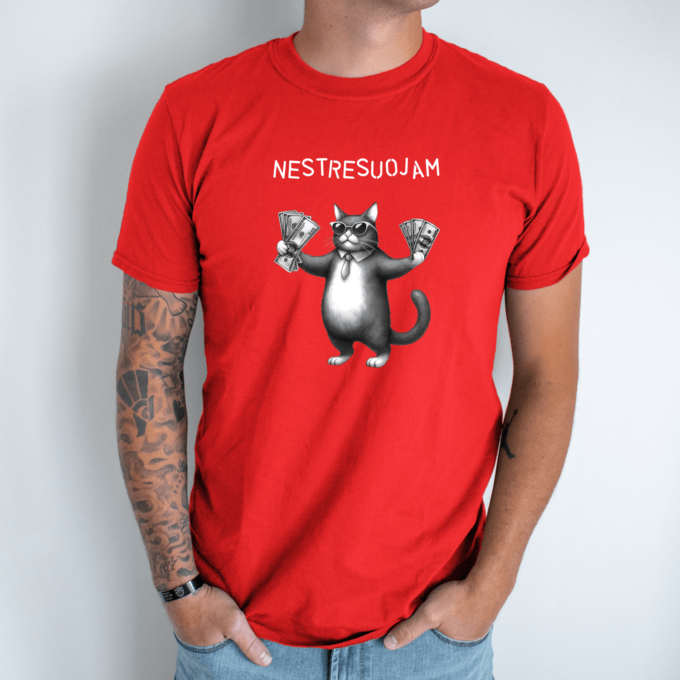 Unisex marškinėliai su spauda „Turtingas katinas“ - Image 5