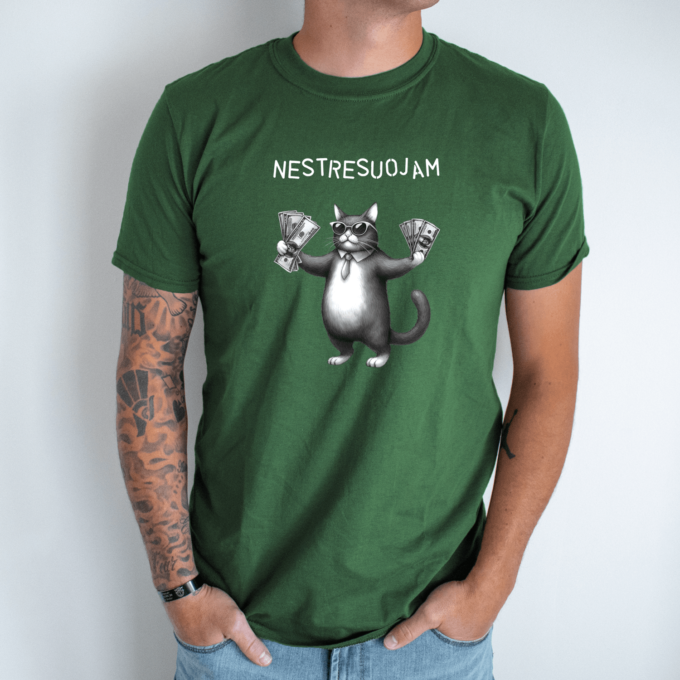 Unisex marškinėliai su spauda „Turtingas katinas“ - Image 3