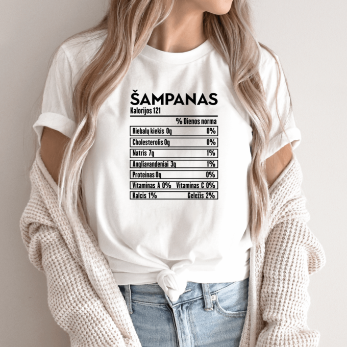 Unisex marškinėliai su spauda „Šampano mitybos faktai“ - Image 2