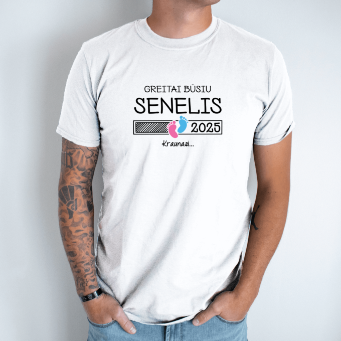 Unisex marškinėliai su spauda „Greitai būsiu senelis“