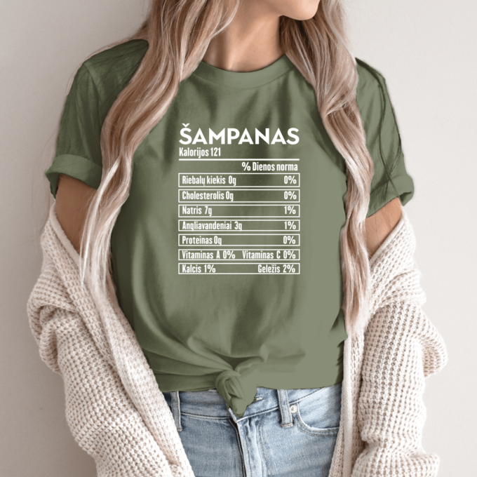 Unisex marškinėliai su spauda „Šampano mitybos faktai“ - Image 6