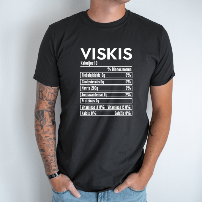 Unisex marškinėliai su spauda „Viskio mitybos faktai“ - Image 7