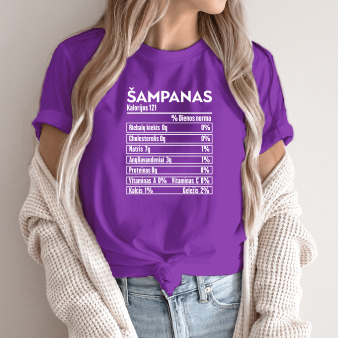 Unisex marškinėliai su spauda „Šampano mitybos faktai“ - Image 3