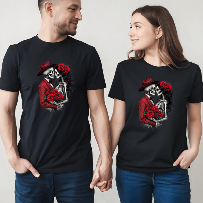Unisex marškinėliai porai „Romantiška skeletų pora“