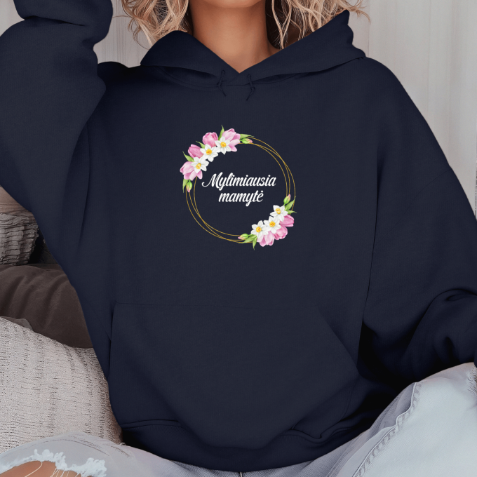 Unisex džemperis su spauda „Mylimiausia mamytė su tulpėm“