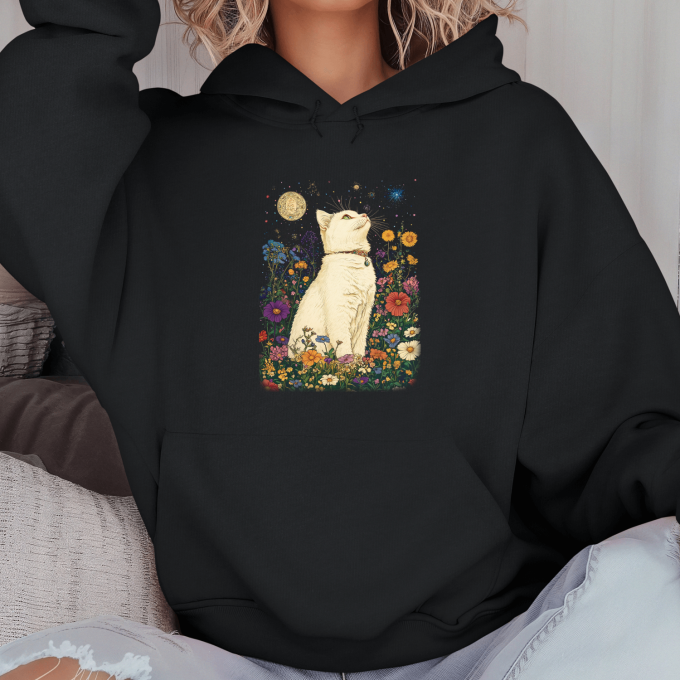 Unisex džemperis su spauda „Katė tarp gėlių“