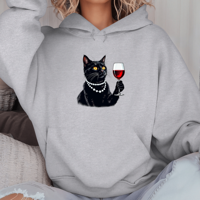Unisex džemperis su spauda „Katė su vyno taure“