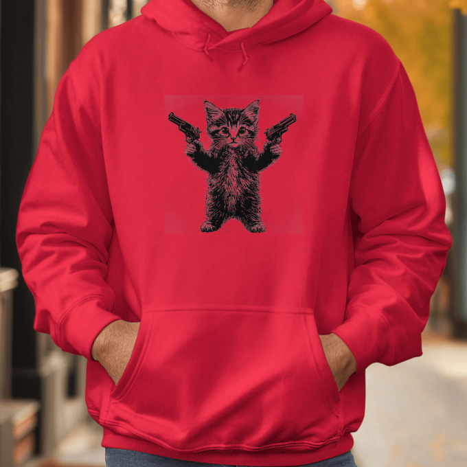 Unisex džemperis su spauda „Kačiukas su pistoletais“ - Image 3