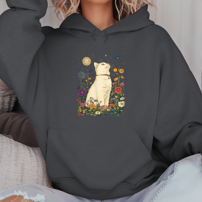Unisex džemperis su spauda „Katė tarp gėlių“ - Image 3