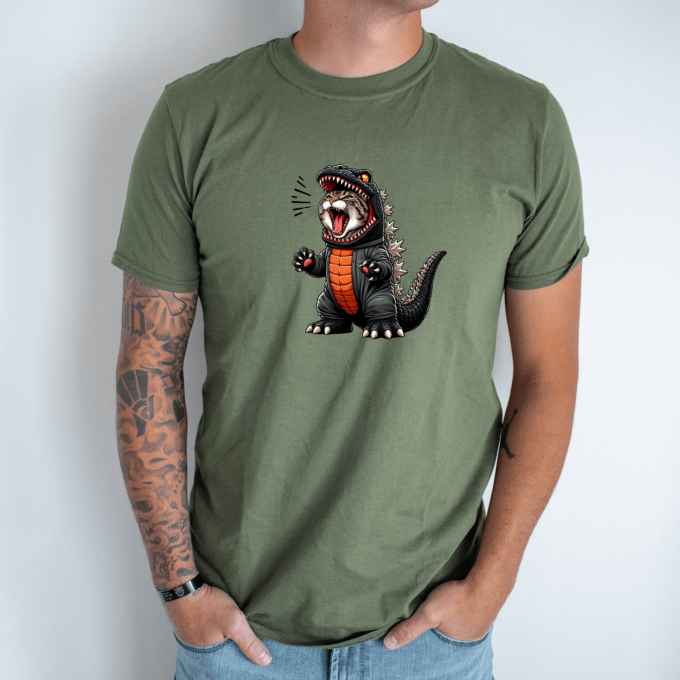 Unisex marškinėliai su spauda „Dino katinas“ - Image 2