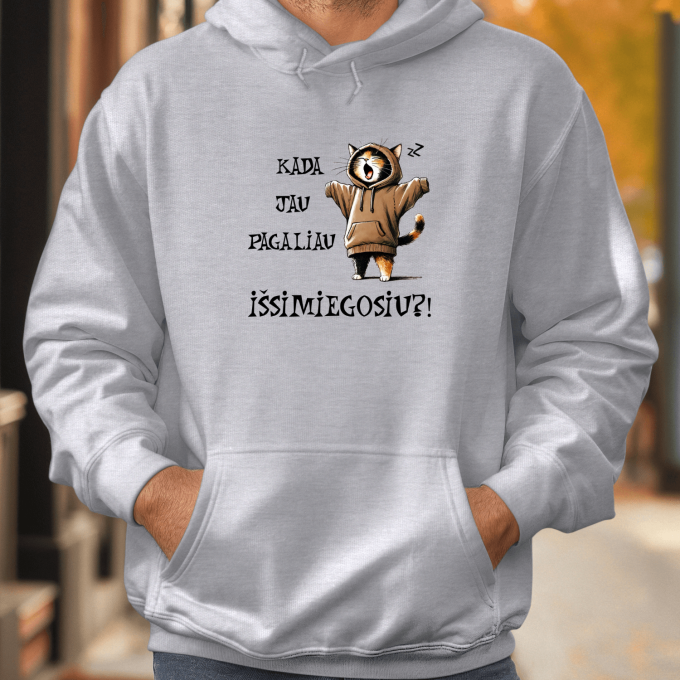 Unisex džemperis su spauda „Kada jau pagaliau išsimiegosiu?“