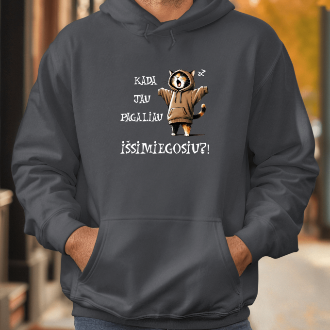 Unisex džemperis su spauda „Kada jau pagaliau išsimiegosiu?“ - Image 2