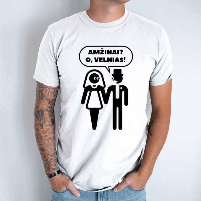 Unisex marškinėliai su spauda „Amžinai? O, velnias!“ - Image 2