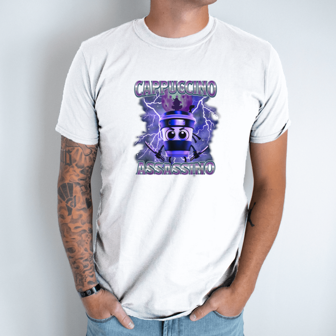 Unisex marškinėliai su spauda „Cappuccino Assassino Violėtine audra“ - Image 2