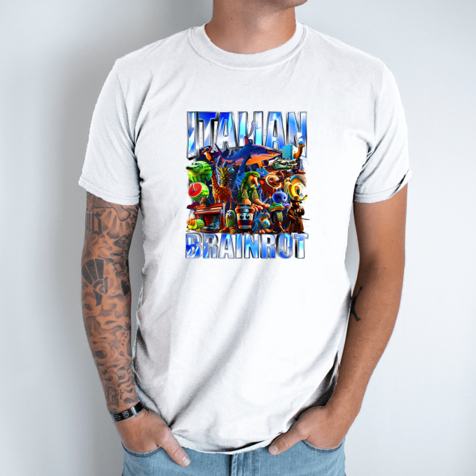 Unisex marškinėliai su spauda „Italian Brainrot Tropikų beprotybė“ - Image 2
