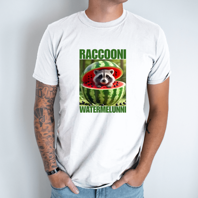 Unisex marškinėliai su spauda „Raccooni Watermelunni“