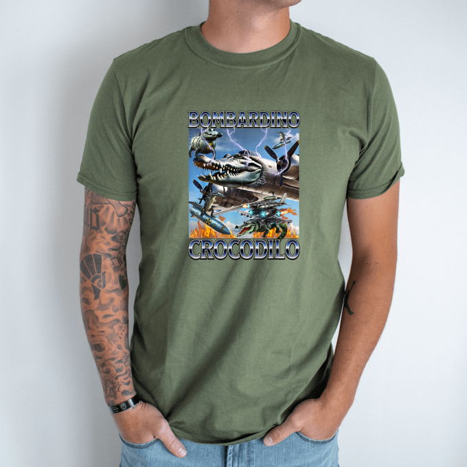 Unisex marškinėliai su spauda „Bombardino Crocodilo agresivus“ - Image 2