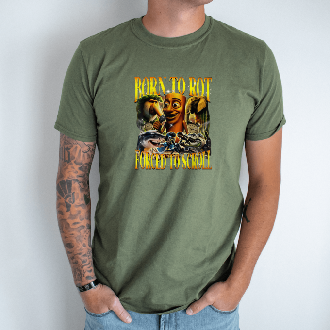 Unisex marškinėliai su spauda „Born To Rot Forced To Scroll“ - Image 3