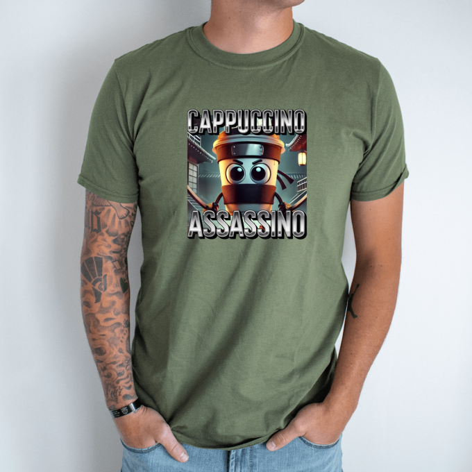 Unisex marškinėliai su spauda „Cappuccino Assassino Coffee“ - Image 3