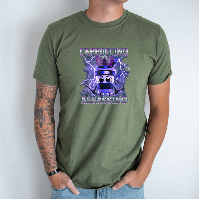 Unisex marškinėliai su spauda „Cappuccino Assassino Violėtine audra“ - Image 3