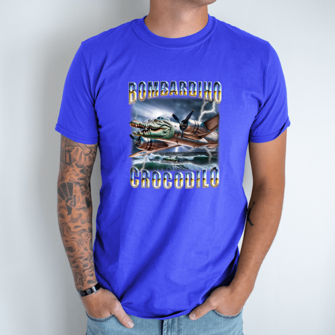 Unisex marškinėliai su spauda „Bombardino Crocodilo Žaibo“ - Image 5