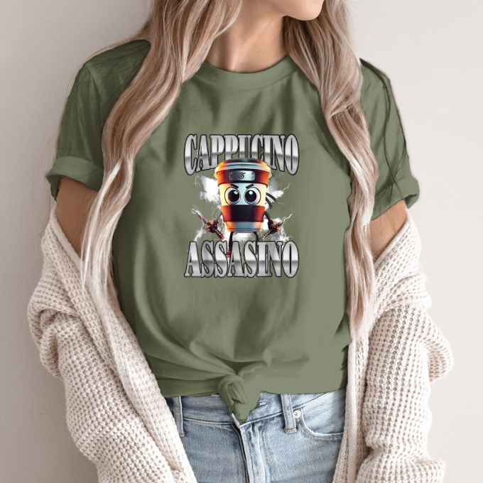Unisex marškinėliai su spauda „Cappuccino Assassino juodoji jėga“ - Image 10