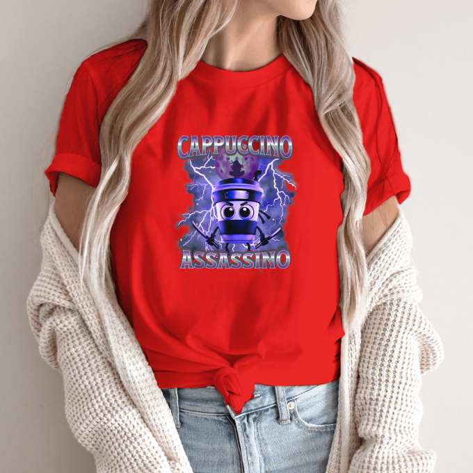 Unisex marškinėliai su spauda „Cappuccino Assassino Violėtine audra“ - Image 11