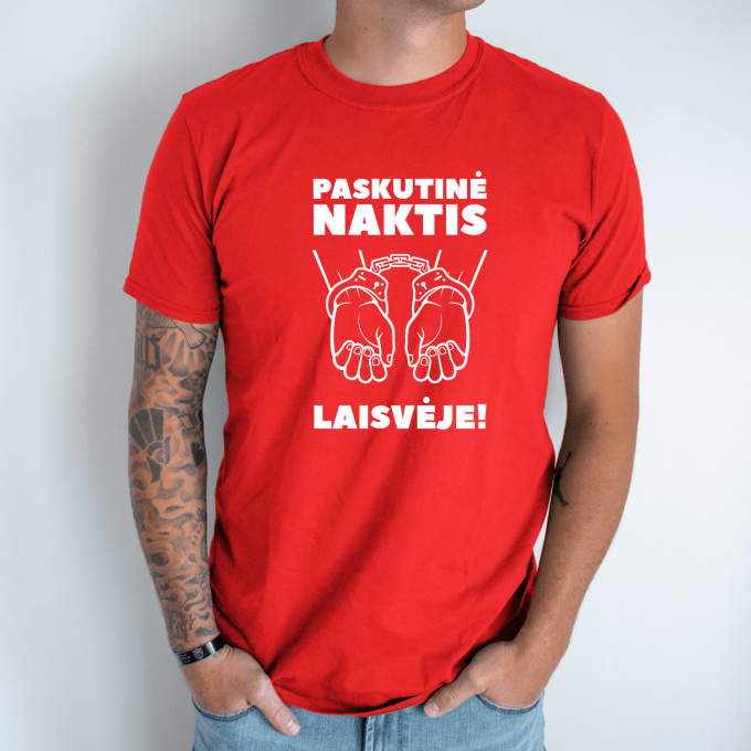 Unisex marškinėliai su spauda „Paskutinė naktis laisvėje!“ - Image 7