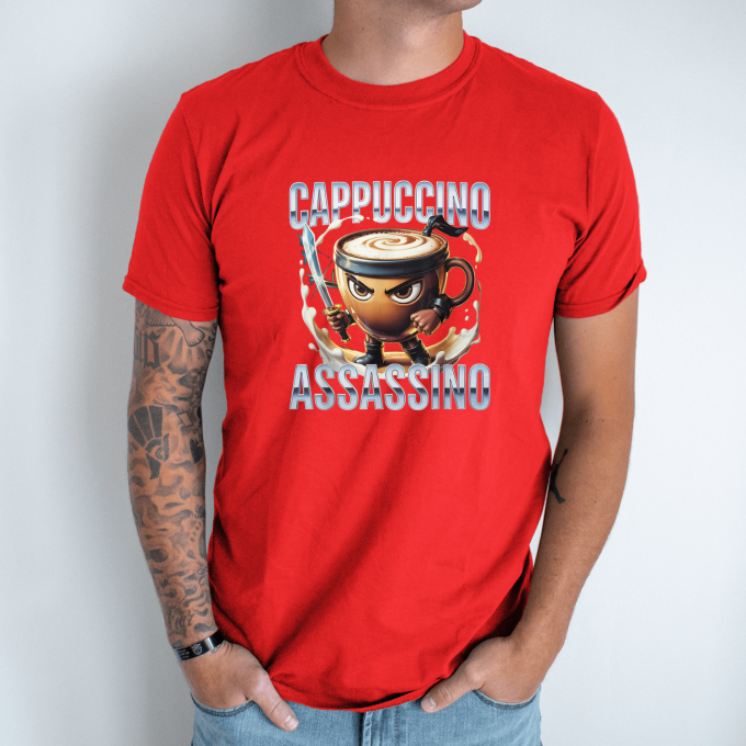 Unisex marškinėliai su spauda „Cappuccino Assassino Tikras Latte karys“ - Image 7