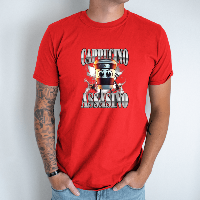 Unisex marškinėliai su spauda „Cappuccino Assassino juodoji jėga“ - Image 7