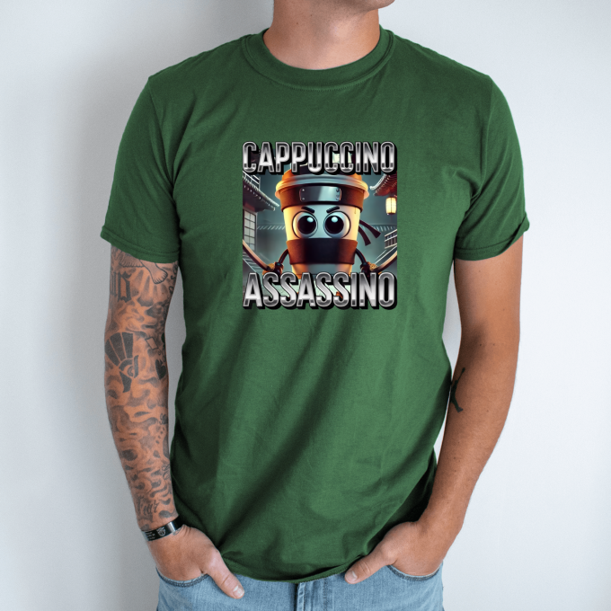 Unisex marškinėliai su spauda „Cappuccino Assassino Coffee“ - Image 5