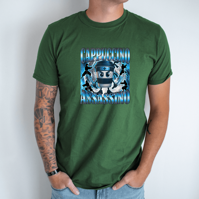 Unisex marškinėliai su spauda „Cappuccino Assassino Nindzių būrys“ - Image 5