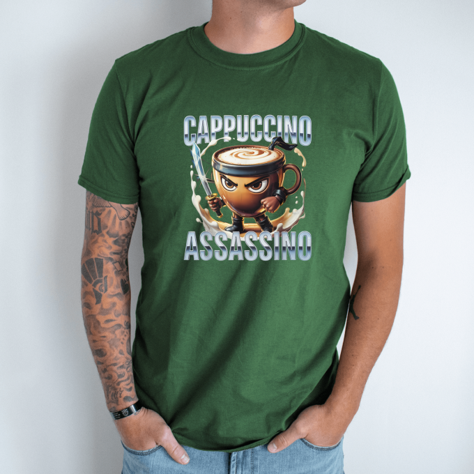 Unisex marškinėliai su spauda „Cappuccino Assassino Tikras Latte karys“ - Image 5