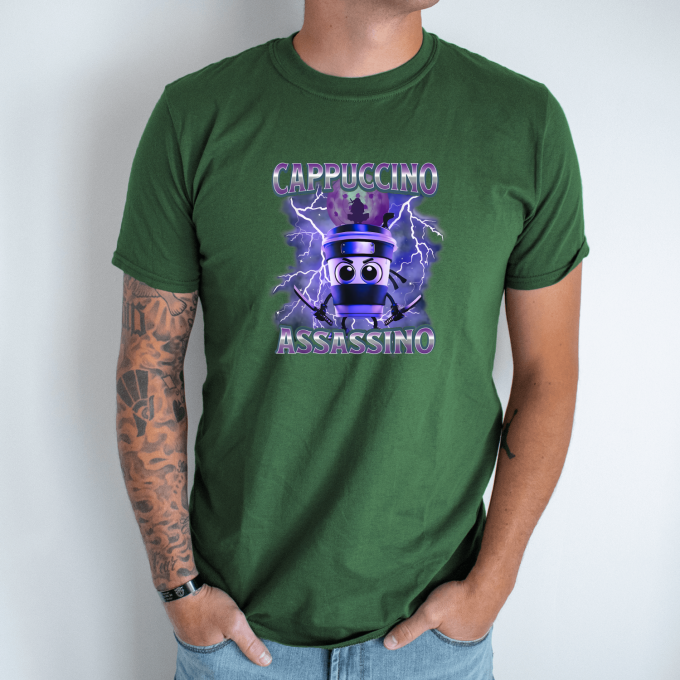 Unisex marškinėliai su spauda „Cappuccino Assassino Violėtine audra“ - Image 5