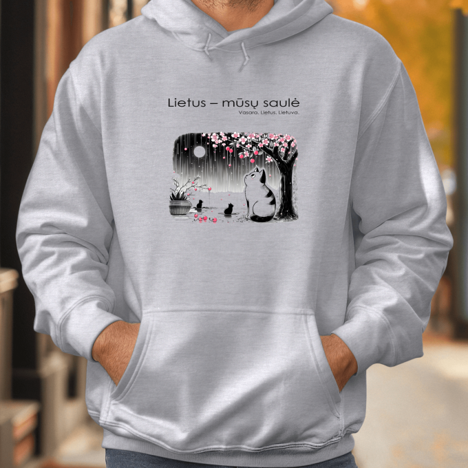 Unisex džemperis su spauda „Murkimas per lietų“ - Image 4