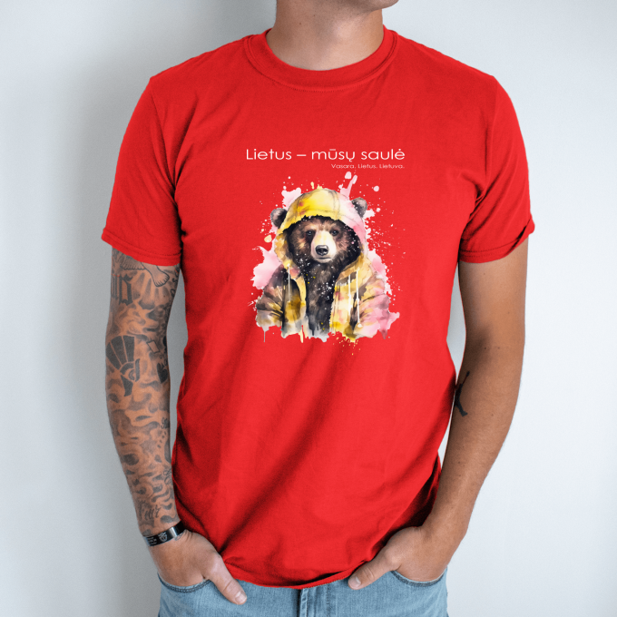 Unisex marškinėliai su spauda „Meškinas po lietumi“ - Image 7