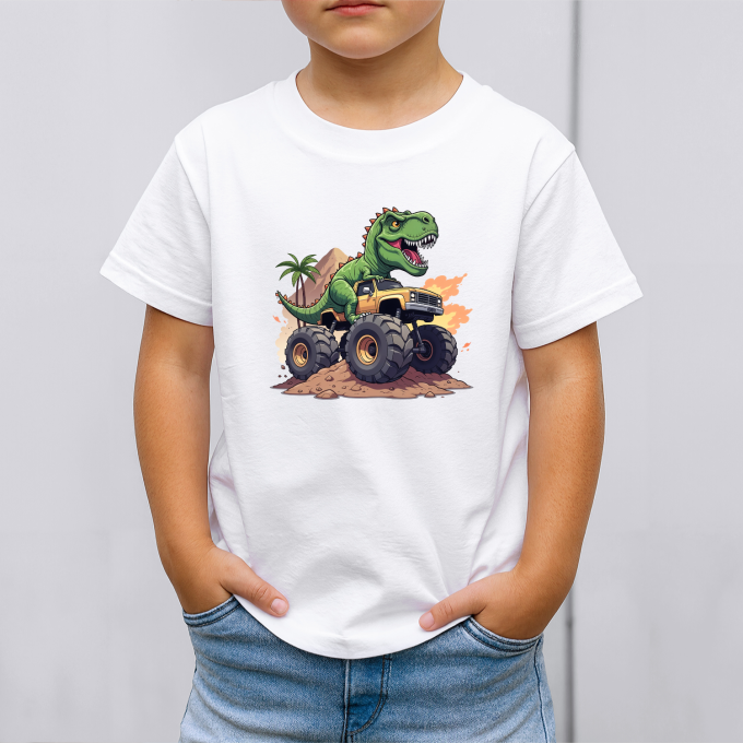 Vaikiški marškinėliai su spauda „Dino su Monster Truck“