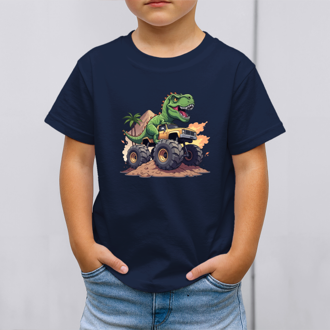 Vaikiški marškinėliai su spauda „Dino su Monster Truck“ - Image 2