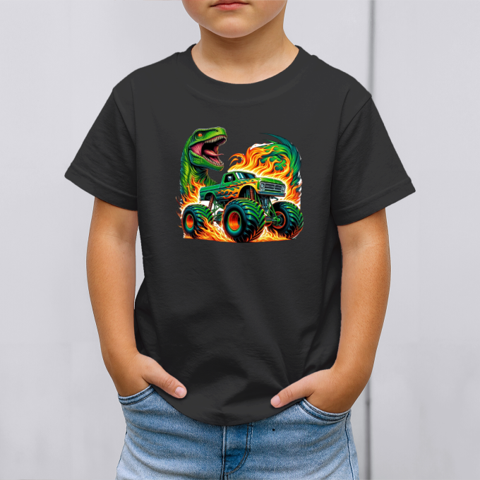 Vaikiški marškinėliai su spauda „Monster truck su dinozauru“ - Image 4