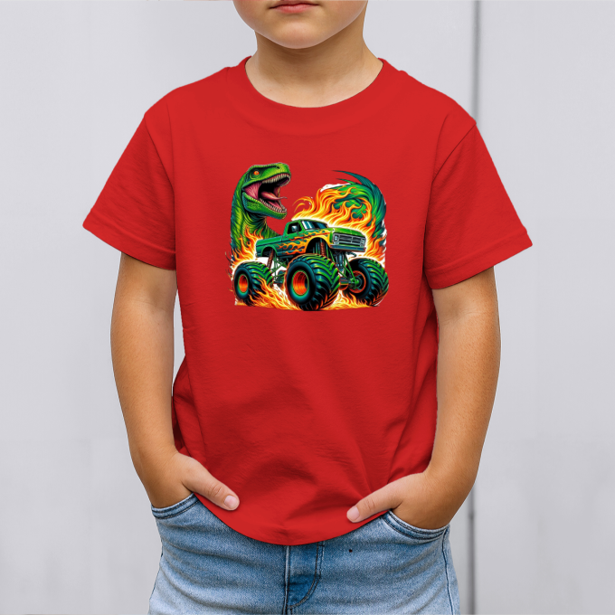 Vaikiški marškinėliai su spauda „Monster truck su dinozauru“ - Image 3